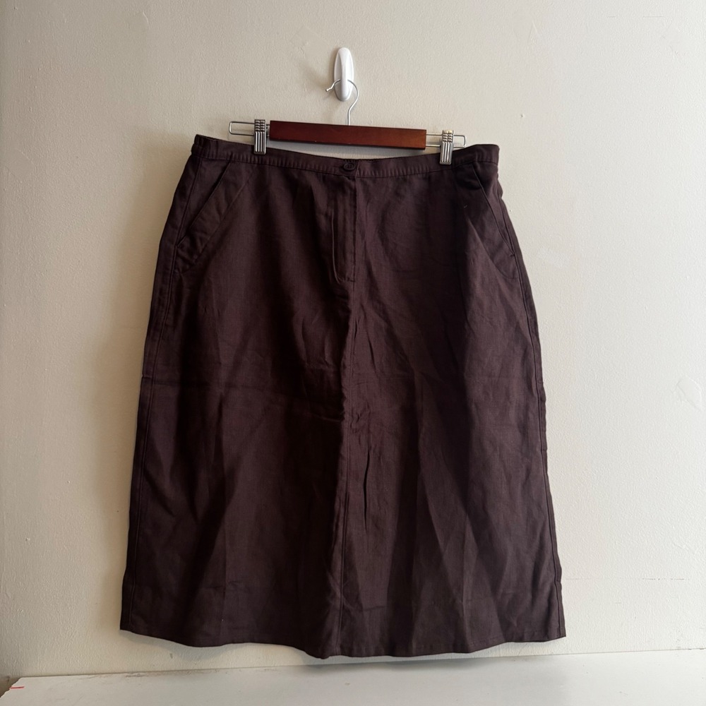LL Bean Women's 18 P Chocolate Brown 100% Linen A-Line Midi Skirt Cottagecore